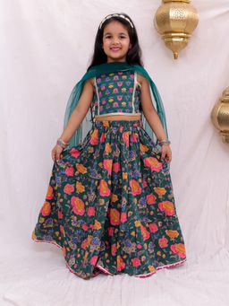 BownBee - Sleeveless Lehenga and Choli With Dupatta For Girls - Green