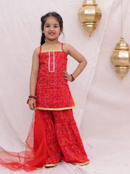 BownBee - Pure Cotton Sleeveless Printed Kurta With Sharara and Dupatta For Girls - Red