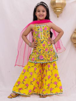 BownBee - Pure Cotton Printed Kurta With Sharara and Dupatta For Girls - Yellow