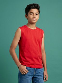 KiddoPanti - Boys Cotton Sleeveless Solid Round Neck T-Shirt
