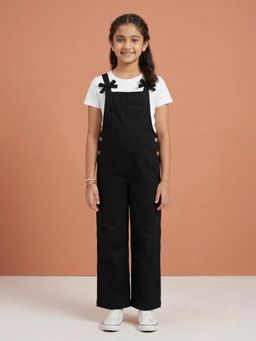 KiddoPanti - Girls Denim Woven Sleeveless Bow Strap Solid Dungaree
