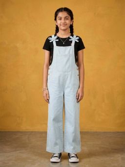 KiddoPanti - Girls Denim Woven Sleeveless Bow Strap Solid Dungaree