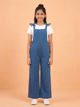 KiddoPanti - Girls Denim Woven Sleeveless Bow Strap Solid Dungaree