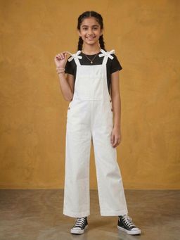 KiddoPanti - Girls Denim Woven Sleeveless Bow Strap Solid Dungaree