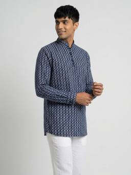 Sanman Ethnix by Raymond - Blue Mandarin Collar Full Sleeve Printed Short Kurta