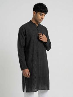 Sanman Ethnix by Raymond - Black Mandarin Collar Full Sleeve Self-Design Mid Length Kurta