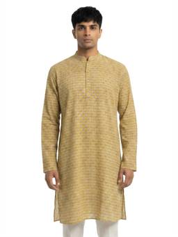 Sanman Ethnix by Raymond - Yellow Mandarin Collar Full Sleeve Printed Mid Length Kurta