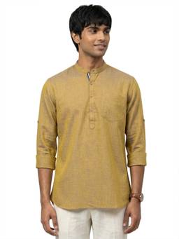 Sanman Ethnix by Raymond - Yellow Mandarin Collar Full Sleeve Solid, Self Design Short Kurta