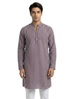 Sanman Ethnix by Raymond - Blue Mandarin Collar Full Sleeve Striped Mid Length Kurta