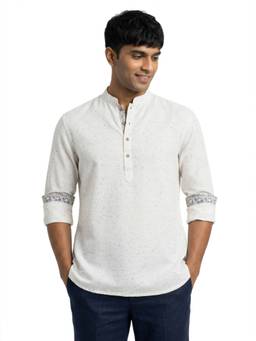 Sanman Ethnix by Raymond - White Mandarin Collar Full Sleeve Self Textured Short Kurta