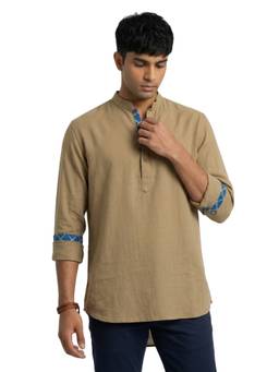 Sanman Ethnix by Raymond - Khaki Mandarin Collar Full Sleeve Solid Short Kurta