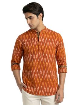 Sanman Ethnix by Raymond - Orange Mandarin Collar Full Sleeve Ikkat Short Kurta
