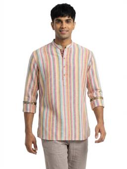 Sanman Ethnix by Raymond - Pink Mandarin Collar Full Sleeve Striped Short Kurta