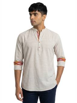 Sanman Ethnix by Raymond - Yellow Mandarin Collar Full Sleeve Self-Design Short Kurta