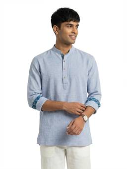 Sanman Ethnix by Raymond - Blue Mandarin Collar Full Sleeve Self-Textured Short Kurta