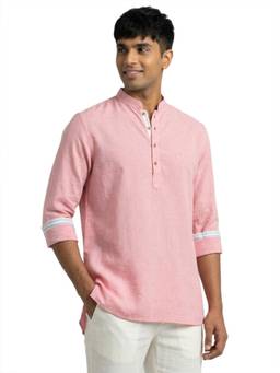 Sanman Ethnix by Raymond - Pink Mandarin Collar Full Sleeve Self-Textured Short Kurta