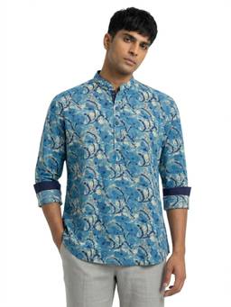 Sanman Ethnix by Raymond - Blue Mandarin Collar Full Sleeve Floral Print Short Kurta