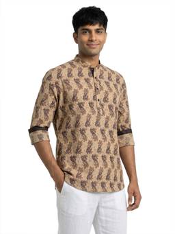 Sanman Ethnix by Raymond - Brown Mandarin Collar Full Sleeve Floral Print Short Kurta