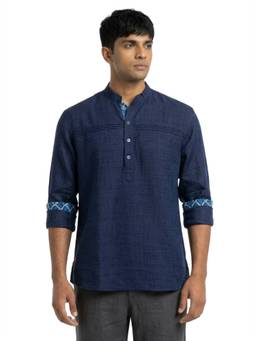 Sanman Ethnix by Raymond - Blue Mandarin Collar Full Sleeve Self Textured Short Kurta