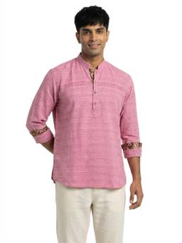 Sanman Ethnix by Raymond - Violet Mandarin Collar Full Sleeve Self Textured Short Kurta