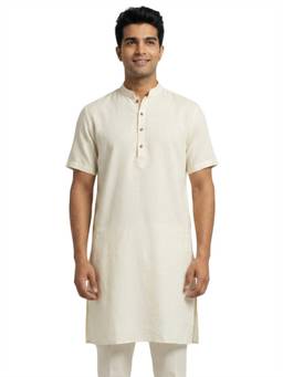 Sanman Ethnix by Raymond - Blue Mandarin Collar Half Sleeve Solid Kurta