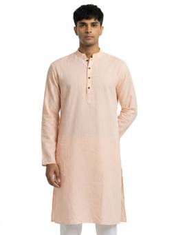 Sanman Ethnix by Raymond - Orange Mandarin Collar Full Sleeve Solid Kurta