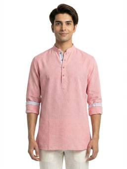 Sanman Ethnix by Raymond - Pink Mandarin Collar Full Sleeve Solid Kurta