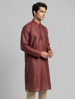 Sanman Ethnix by Raymond - Maroon Mandarin Full Sleeve Kurta