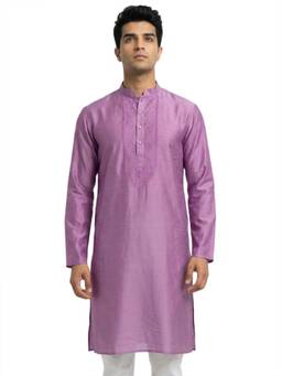Sanman Ethnix by Raymond - Violet Mandarin Collar Full Sleeve Placket Embroidery Kurta