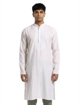 Sanman Ethnix by Raymond - White Mandarin Collar Full Sleeve Placket Embroidery Kurta