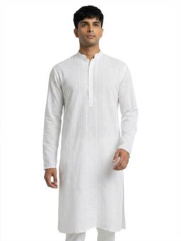 Sanman Ethnix by Raymond - White Mandarin Collar Full Sleeve Chikankari Kurta