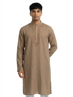 Sanman Ethnix by Raymond - Khaki Mandarin Collar Full Sleeve Placket Embroidery Kurta