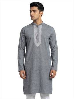 Sanman Ethnix by Raymond - Grey Mandarin Collar Full Sleeve Placket Embroidery Kurta