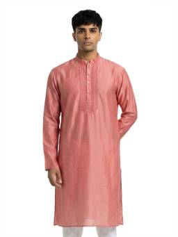 Sanman Ethnix by Raymond - Orange Mandarin Collar Full Sleeve Placket Embroidery Kurta
