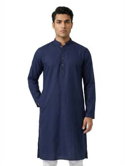 Sanman Ethnix by Raymond - Blue Mandarin Collar Full Sleeve Self Textured Kurta