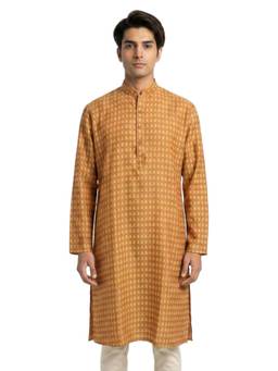 Sanman Ethnix by Raymond - Yellow Mandarin Collar Full Sleeve Block Print Kurta