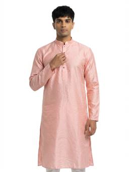 Sanman Ethnix by Raymond - Pink Mandarin Collar Full Sleeve Jacquard Kurta