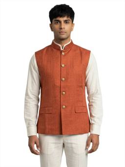 Sanman Ethnix by Raymond - Rust Mandarin Collar Nehru Jacket