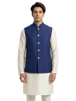 Sanman Ethnix by Raymond - Blue Mandarin Collar Solid Nehru Jacket