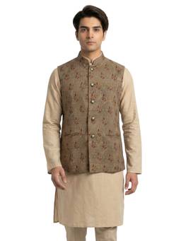 Sanman Ethnix by Raymond - Khaki Mandarin Collar Reversible: Silk Look Nehru Jacket