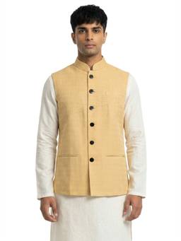 Sanman Ethnix by Raymond - Yellow Mandarin Collar Zari With Nehru Jacket