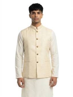 Sanman Ethnix by Raymond - Yellow Mandarin Collar Jacquard Nehru Jacket