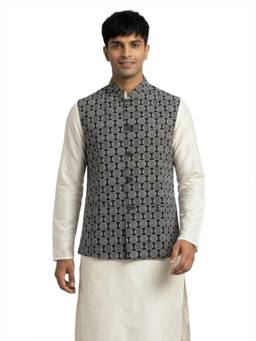 Sanman Ethnix by Raymond - Black Mandarin Collar Print Nehru Jacket