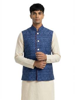 Sanman Ethnix by Raymond - Blue Mandarin Collar Print Nehru Jacket