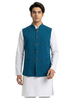 Sanman Ethnix by Raymond - Teal Blue Mandarin Collar Reversible Nehru Jacket