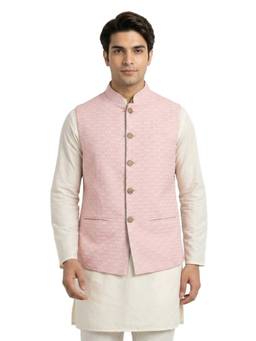 Sanman Ethnix by Raymond - Pink Mandarin Collar Reversible: Solid Embroidery Nehru Jacket