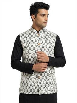 Sanman Ethnix by Raymond - Black Mandarin Collar Print Nehru Jacket
