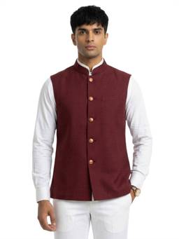 Sanman Ethnix by Raymond - Maroon Mandarin Collar Engineering Piece Nehru Jacket