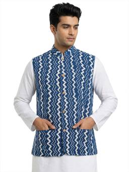 Sanman Ethnix by Raymond - Blue Mandarin Collar Print Nehru Jacket