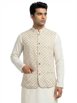 Sanman Ethnix by Raymond - White Mandarin Collar Print Nehru Jacket
